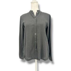 Eileen Fisher Gray Linen Blend Button Top PP Petite Band Collar Minimalist